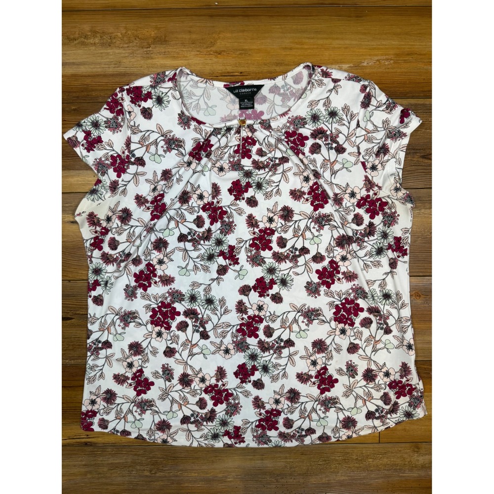 Liz Claiborne White Floral Short Sleeve Top - Berry Print